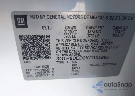 2019 GMC Sierra 1500 Slt из США, поврежденный, VIN 3GTP8DED2KG121895